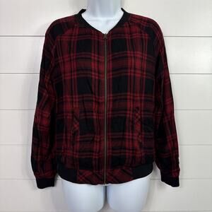 Beach Lunch Lounge Plaid Zip Up Bomber Jacket Red Black sz XS